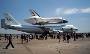 Space Shuttle Endeavour atop the Shuttle carrying aircraft at Ellington Field Houston on its way to retirement in California. Photo R. Anderson